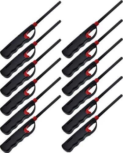 12 Pack - Fuel Included BBQ Grill Long Lighter - Refillable Butane Gas Candle Fireplace Kitchen Stove Wind Resistant, Red, Black