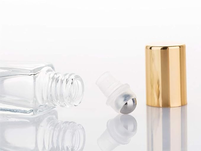 3ml Square Glass Roller Bottle For Essential Oils,Mini Glass Bottles With Stainless Steel Roller Balls,Gold Aluminum Caps Portable Roll-On Vial Aromatherapy Perfume Container-10 Pack