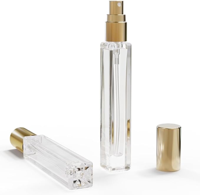 5PCS Cologne Atomizer Empty, 10ML Mini Perfume Bottles Refillable With Dispenser Tools, Pocket Spray Bottle for Travel and Sample Container (Transparent+Golden Cap)