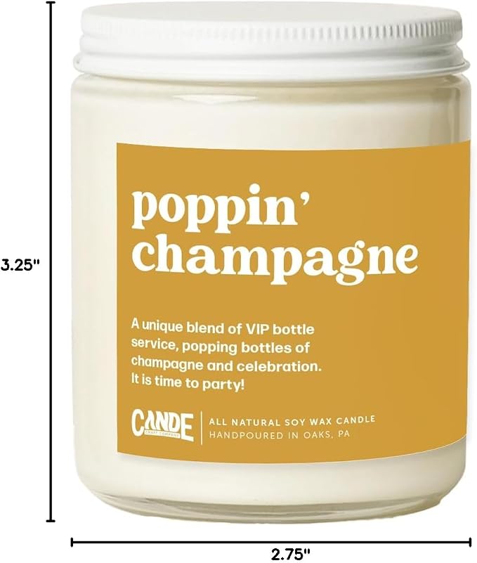 CANDE Craft Poppin Champagne Scented Candle - Gift for Coworker, Funny Gift for Her, 8 oz Glass Jar Candle, 50+ Hour Burn Time, Made in The USA