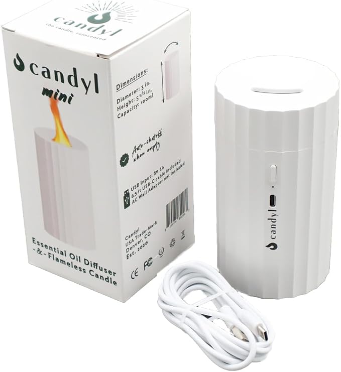 Candyl Mini Flame Essential Oil Diffuser – Compact Ultrasonic Aromatherapy Diffuser with USB Power, Color-Changing Light & Auto Shut-Off – Travel-Friendly Small Room Diffuser (White)