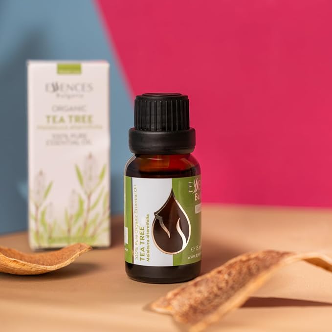 Essences Bulgaria Organic Tea Tree Essential Oil 0.51Fl Oz 15ml Melaleuca Alternifolia - 100% Pure and Natural Undiluted for Toenail Fungus, Dandruff Itchy Scalp Acne Skincare Aromatherapy Diffuser