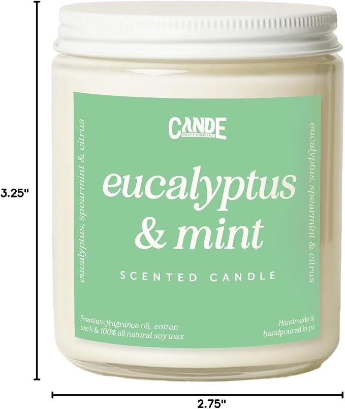 Scented Soy Wax Candle for Home, Luxury Scented Soy Jar Candle, Hand Poured in The USA, Highly Scented & Long Lasting for Home, Mom, Women, Birthday Gift (Eucalyptus & Mint)