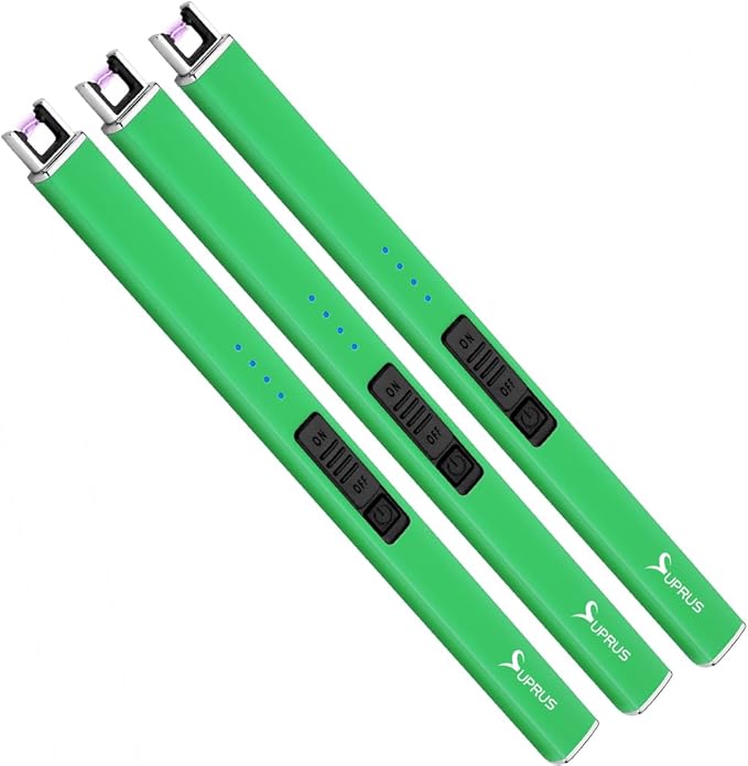 SUPRUS Fluorescent Glows in The Dark Electric Candle Lighter Rechargeable USB Arc lighters with Safety Lock Windproof Flameless Plasma for Candle BBQ Camping (Green, 3)