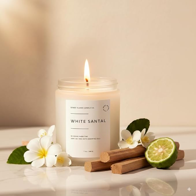 White Santal Scented Candle for Home | Natual Soy Wax | 50 hrs Burn Time | Hand Poured in Small Batches | Premium Fragrance