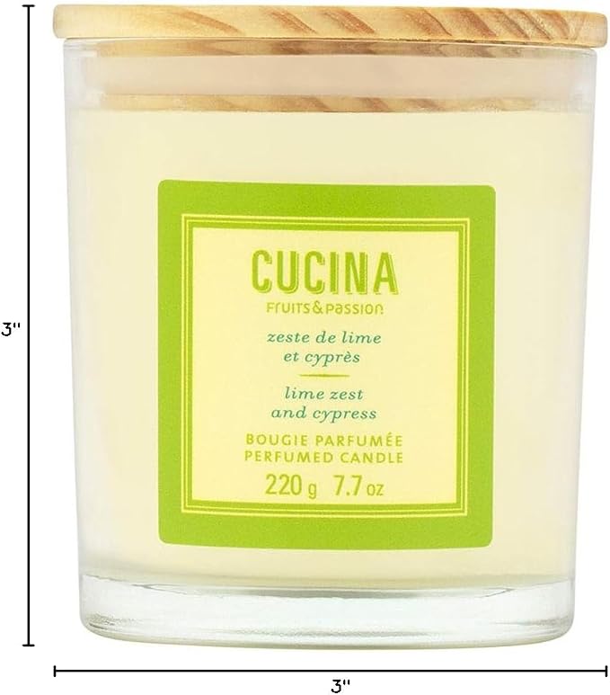 Fruits & Passion Cucina Scented Candle – Lime Zest & Cypress, Plant-Based Wax Candle in Recyclable Glass Vase, 35 Hour Burn Time, Clean-Burning Fragrance for Home, 7.7 oz