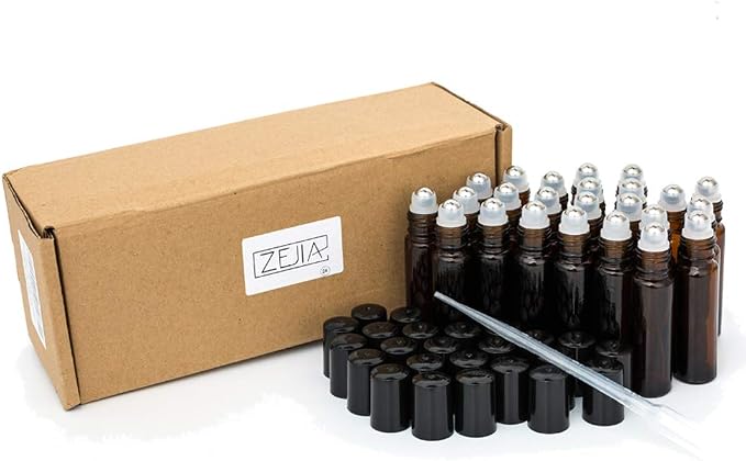 10ml Roller Bottles for Essential Oils, 24 Pack Glass Roll on Bottles, Refillable Perfume Bottle, with Stainless Steel Roller Balls, 2 Droppers, 1 Opener, Labels(Amber)