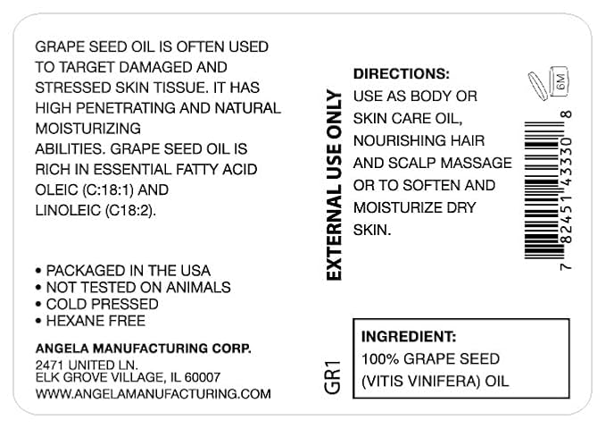 100% Pure Grape Seed Oil for Skin, Hair & Face. Cold Pressed Vitis Vinifera Carrier Oil with Vitamin E & Essential Fatty Acids, Natural Moisturizer for Body & Scalp Massage, 1 fl oz (30ml)