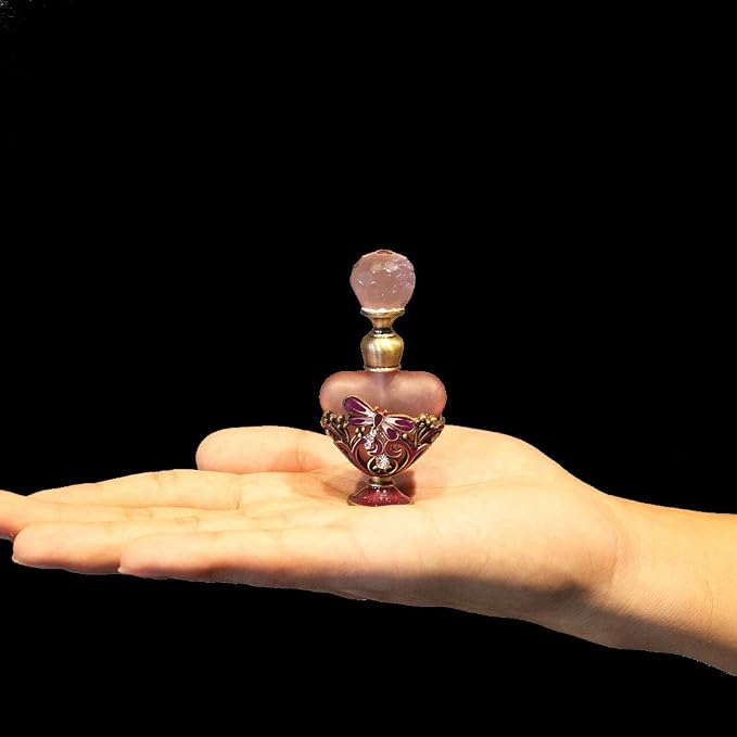 YU FENG Vintage Dragonfly Pewter and Glass Perfume Bottle with Diamand, Empty Refillable Mini Perfume Bottle