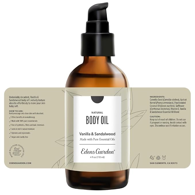 Edens Garden Vanilla Sandalwood Bath & Body Oil - Luxury Aromatherapy Blend with Pure Essential Oils & Vitamin E for Smooth, Hydrated Skin - After Shower Moisturizer for Women & Men, 4 fl oz (118 ml)