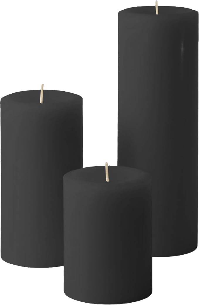 Mister Candle Unscented Dripless Pillar Candles Set of 3, Hand Poured 3 Inch Candles, Premium Wax, Decorative Pillar Candles, (3" x 4", 3" x 6", and 3" x 9", Black)