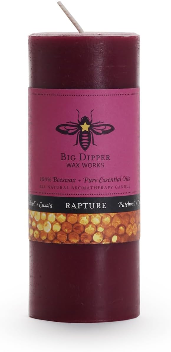 Big Dipper Wax Works 100% Pure Beeswax Pillar Candle, Rapture (Patchouli & Cassia) Aromatherapy Candle with Pure Essential Oil, Non Toxic Clean Burning Natural Candle, 40 Hour Burn, Small 2" x 4.75"