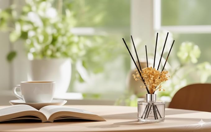 Reed Diffuser Set 6.7 fl oz (200ml) – Natural Gardenia Essential Oil Fragrance with Black Rattan Sticks & Preserved Flowers – Long Lasting Home & Office Decor Scent, Pet Safe