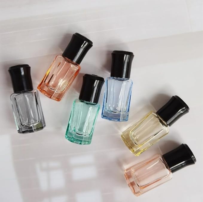 6Pcs 3ML Empty Clear Colorful Octagonal Glass Essential Oil Roller Bottles with Steel Roller Balls and Black Caps Refillable Perfume Roll-on Bottle Sample Dispensers Storage Container Vials Jars