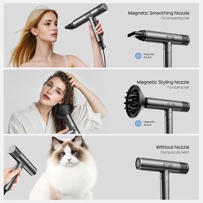 Dual Voltage Travel Hair Dryer with Magnetic Diffuser - 1600W High-Speed 500M lonic Blow Dryer for Women, Automatic Dual Voltage 110V-240V, Lightweight, Foldable, Heat Control, (Grey)