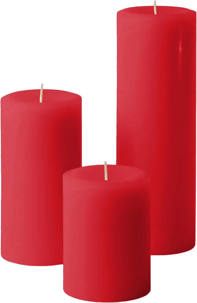 Mister Candle Unscented Dripless Red Pillar Candles Set of 3, Hand Poured 3 Inch Candles, Premium Wax, Decorative Pillars, (3" x 4", 3" x 6", and 3" x 9", Red)