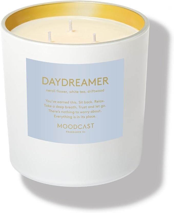 Moodcast Daydreamer Scented Candle - Aesthetic 3 Wick Candle for Home, Neroli Flower, Driftwood & White Tea, Clean Coco Wax Blend, Vegan, Paraben Free, 100-Hour Long Lasting Burn - 24oz