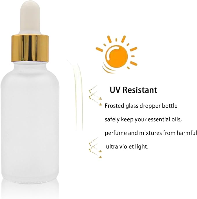 12 Pack,Clear Frosted Glass Dropper Bottle for Essential Oils,Empty Glass Liquid Holder With Glass Eye Dropper,Golden Caps Travel Perfume Cosmetic Container-Pipette&Funnel included (30ml/1oz)
