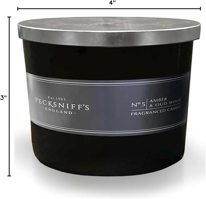Pecksniffs Luxurious Black Tall Amber & Oud Wood Scented Candle | 3 Wicks, 283g/9.9oz