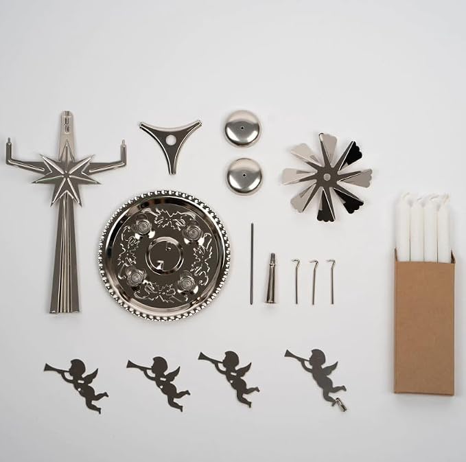 Original Swedish Angel Chimes and 4 Candles - Spinning Festive Chimes - Silver Color