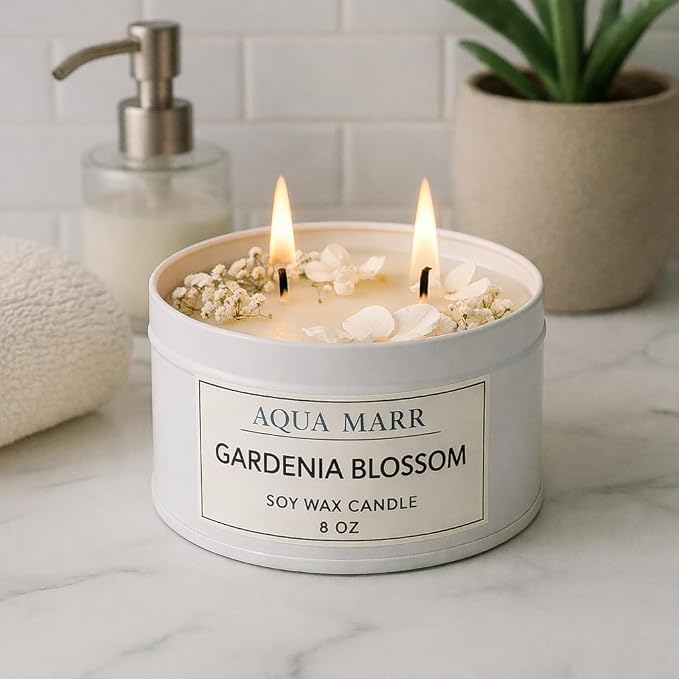 Gardenia Tuberose Blossom Soy Candle – 8 oz Floral Scented Candle, Hand-Poured Clean Burning Candle for Home, Spa & Relaxation – Aqua MARR