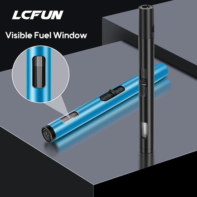 LcFun 2 Pack Torch Lighters Refillable Butane Lighter with Visible Fuel Window, Windproof Adjustable Jet Flame Long Lighters Matches for Candle, Grill, BBQ, Camping, Fireworks (Butane NOT Included)