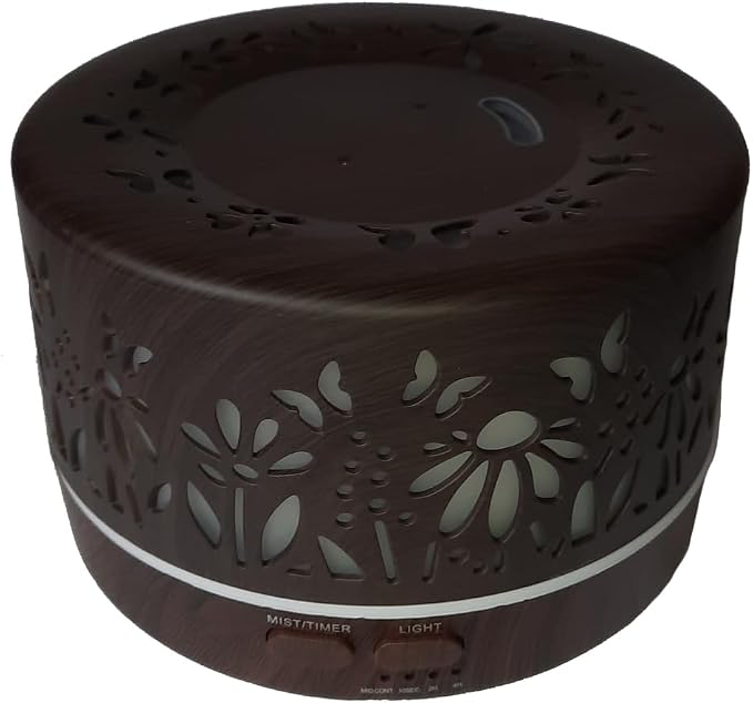 Wild Essentials 700ml Designer Large Room Essential Oil Diffuser, 5 in 1 Ultrasonic Aromatherapy Vaporizer Cool Mist Humidifier, Home, Office Bedroom, Timer, Auto-Off, 7 Color LED (Dark Wood Flowers)