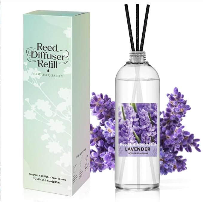 SCENTORINI Reed Diffuser Oil Refill, 16.9oz Lavender Scented Essential Oil with 6 Sticks, Long Lasting Summer Home Fragrance for Large Space Bathroom, Spa Room Aromatherapy, Hotel, Home & Office Decor