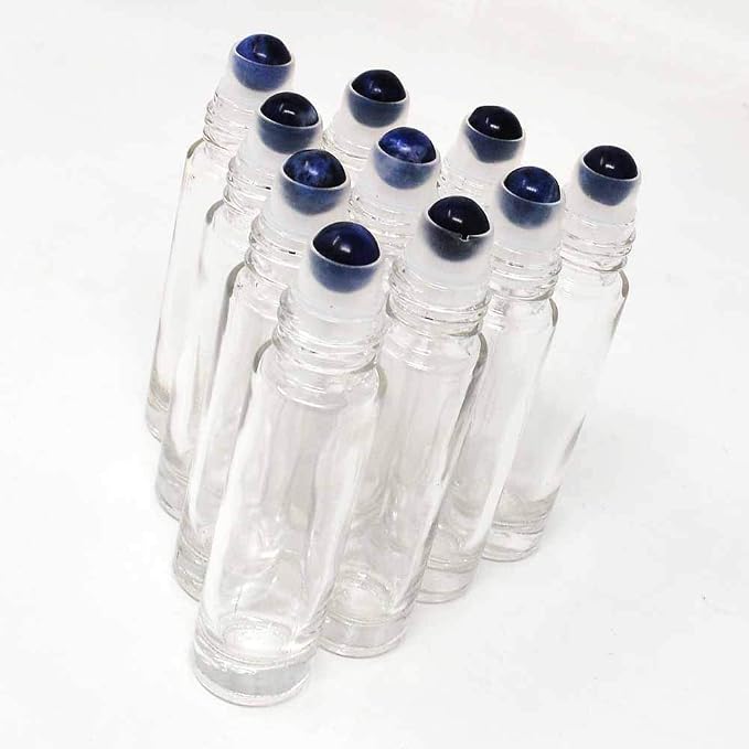 fengshuisale 10pcs Clear 10ml Empty Refillable Glass Bottles with Crystal Semiprecious Stones Essential Oil Gemstone Roller Ball Bottles with Silver Lid with Free Bag W3900 (Sodalite)
