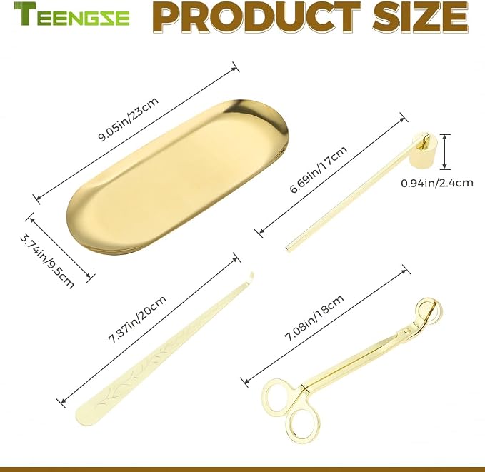 4 in 1 Candle Accessory Set with Storage Tray Plate, Candle Wick Trimmer, Candle Wick Snuffer, Candle Wick Dipper (Gold)