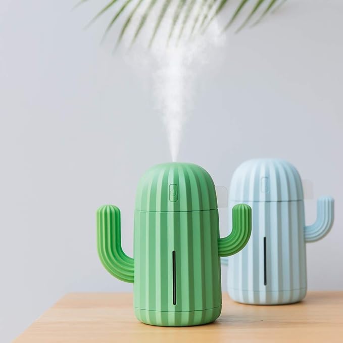 Mini Humidifier Single Room Humidifiers with Night Light Portable Cactus Air humidifier for for Yoga, Office, spa, Bedroom,Baby Room,Silica Gel Diffuser for tap Water only (Blue)