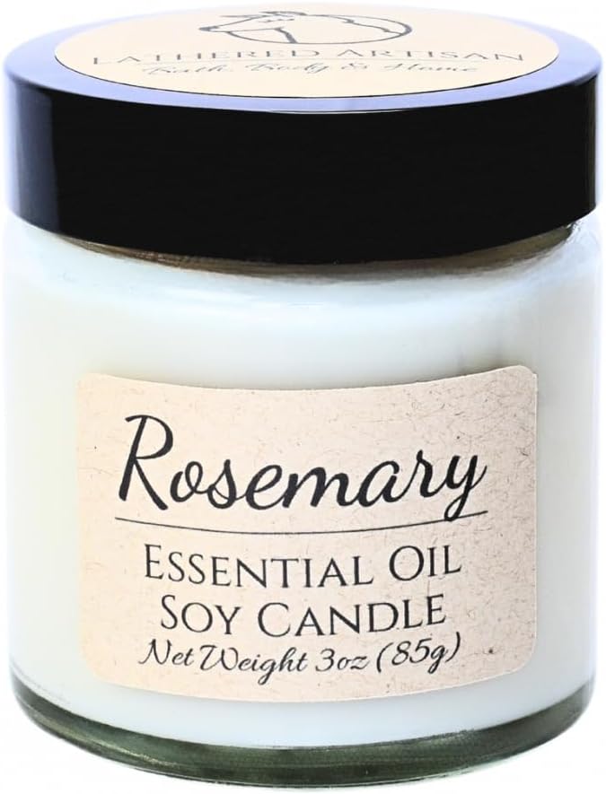 Rosemary Scented Essential Oil Candle 3 oz, Hand Crafted Pure Soy Wax Candle with Wooden Wick and Dried Flowers, 23 Hour Burn Time, Natural Aromatherapy Glass Jar Candle with Lid by Lathered Artisan