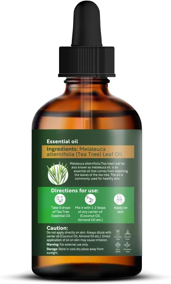 HerbsIndia Tea Tree Essential Oil for Skin - Huge 3.3 Fl Oz - 100% Pure - Premium Grade with Glass Dropper, Undiluted, Non-GMO