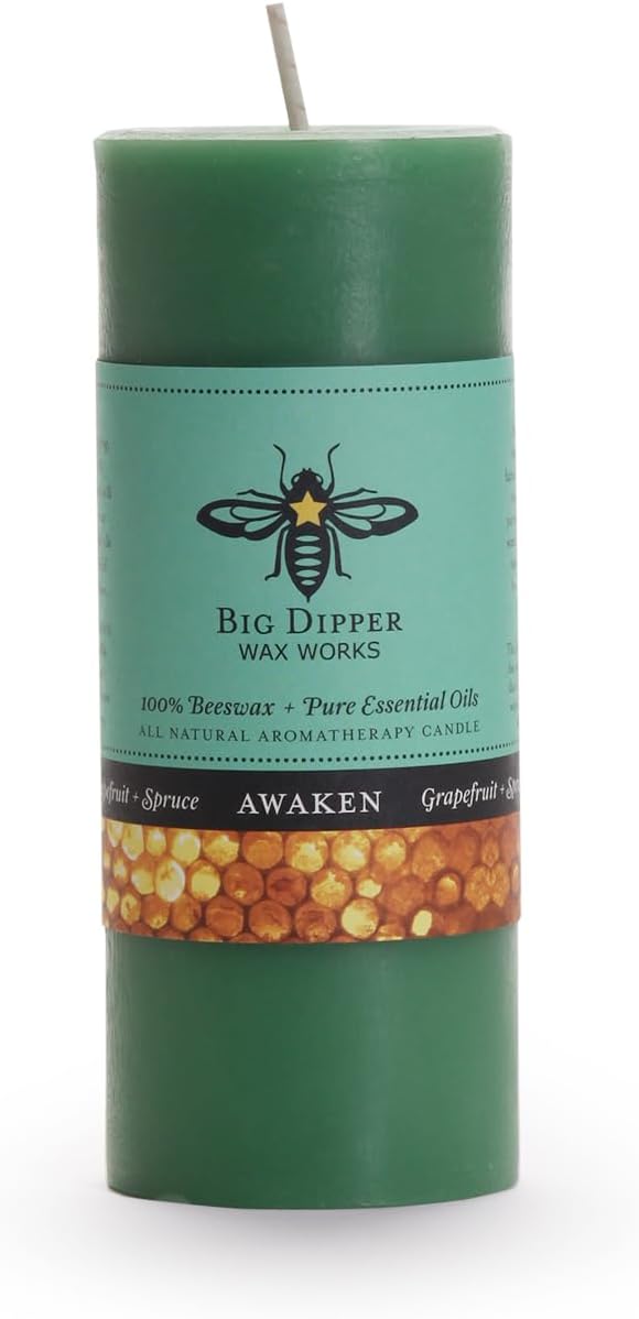 Big Dipper Wax Works 100% Pure Beeswax Pillar Candle, Awaken (Grapefruit & Spruce) Aromatherapy Candle with Pure Essential Oil, Non Toxic Clean Burning Natural Candle, 40 Hour Burn, Medium 3" x 3.5"