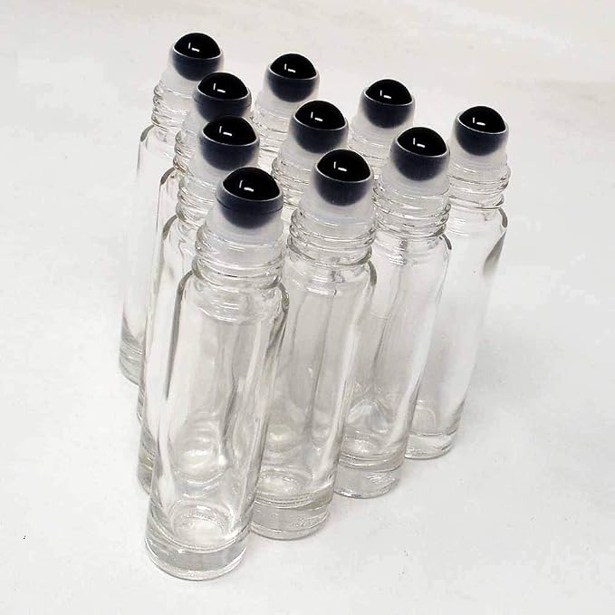 fengshuisale 10pcs Clear 10ml Empty Refillable Glass Bottles with Crystal Semiprecious Stones Essential Oil Gemstone Roller Ball Bottles with Silver Lid with Free Bag W3900 (Obsidians)