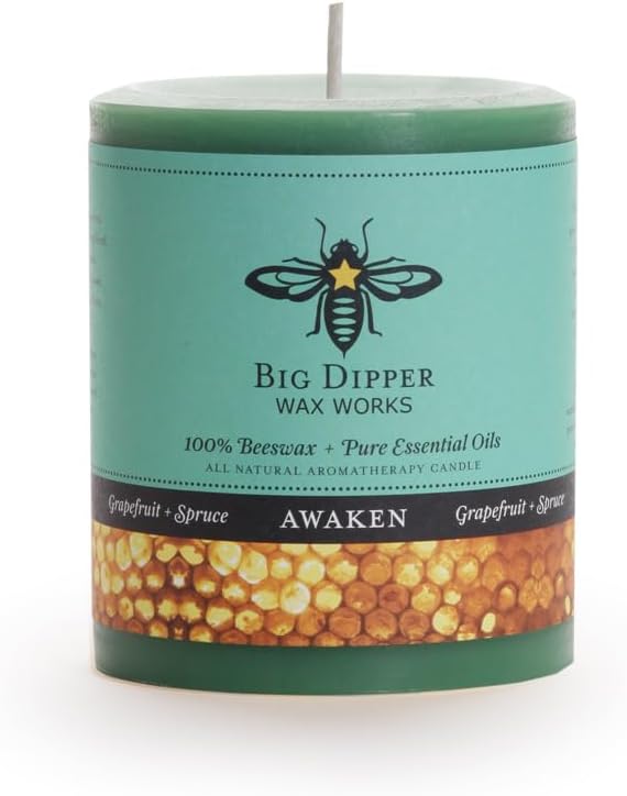 Big Dipper Wax Works 100% Pure Beeswax Pillar Candle, Awaken (Grapefruit & Spruce) Aromatherapy Candle with Pure Essential Oil, Non Toxic Natural Candle, 60 Hour Burn, Medium 3" x 3.5"