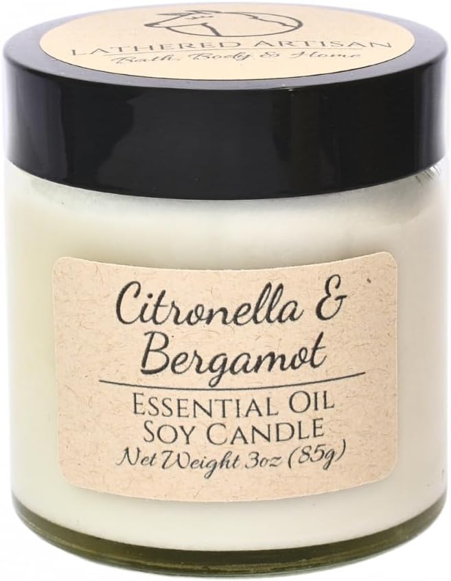 Citronella & Bergamot Scented Candle, Hand Crafted Essential Oil Soy Candles, Flickering Wood Wick, Dried Flowers, 23 Hour Burn Time, Natural Aromatherapy, Glass Jar with Lid, 3oz by Lathered Artisan