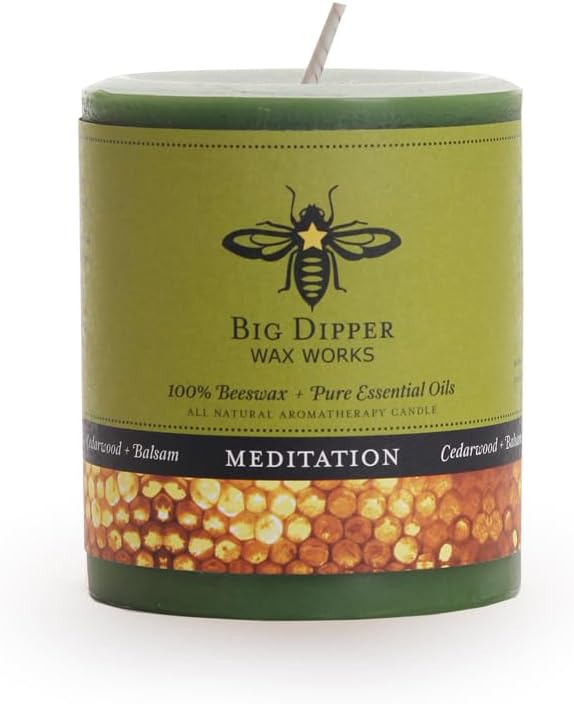 Big Dipper Wax Works 100% Pure Beeswax Pillar Candle, Meditation (Cedarwood & Balsam) Aromatherapy Candle with Pure Essential Oil, Non Toxic Natural Candle, 60 Hour Burn, Medium 3" x 3.5"