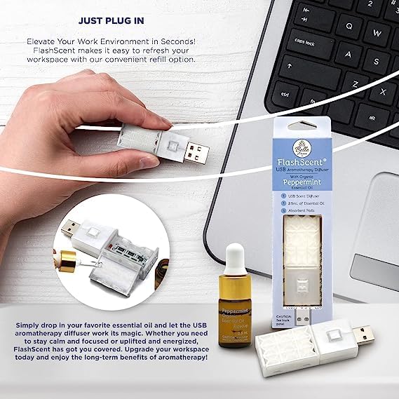 Belle Aroma® FlashScent™ Aromatherapy Diffuser USB – Portable Essential Oil Diffuser for Car, Office Desk & Travel – Waterless Mini Air Diffuser Kit with Peppermint & Lavender Oil & 7 Refill Pads