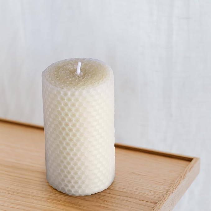DEYBBY Cream White Beeswax Honeycomb Rolled Pillar Candles Set of 3 - Handmade Pure Organic Bees Wax Candles for Home Study Decor Housewarming Gift (2×3.3 in)