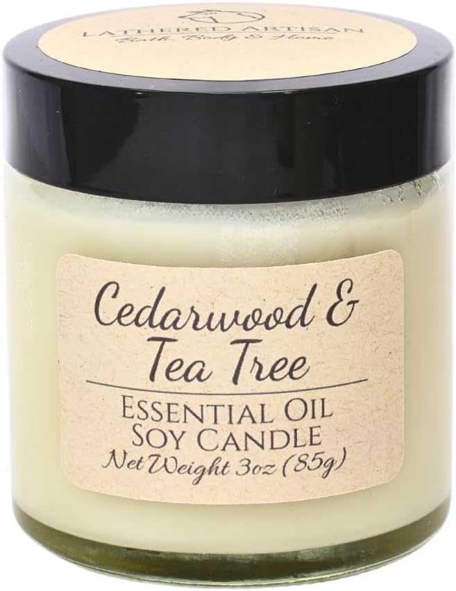 Cedarwood & Tea Tree Scented Candle, Hand Crafted Essential Oil Soy Candles with Flickering Wood Wick, Garnish, 23 Hour Burn Time, Natural Aromatherapy, Glass Jar with Lid, 3oz by Lathered Artisan
