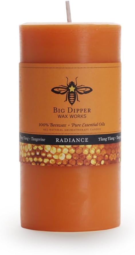Big Dipper Wax Works 100% Pure Beeswax Pillar Candle, Radiance (Tangerine & Ylang Ylang) Aromatherapy Candle with Pure Essential Oil, Non Toxic Natural Candle, 90 Hour Burn, Medium 3" x 6"
