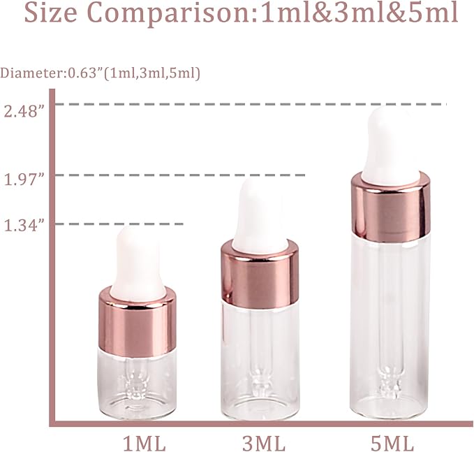Sample Dropper Bottles, Mini Dropper Bottles with 2 Pcs Plastic Droppers for Traveling Essential Oils DIY Cosmetic Liquid Sample Perfume (Rose Gold, 3ML)