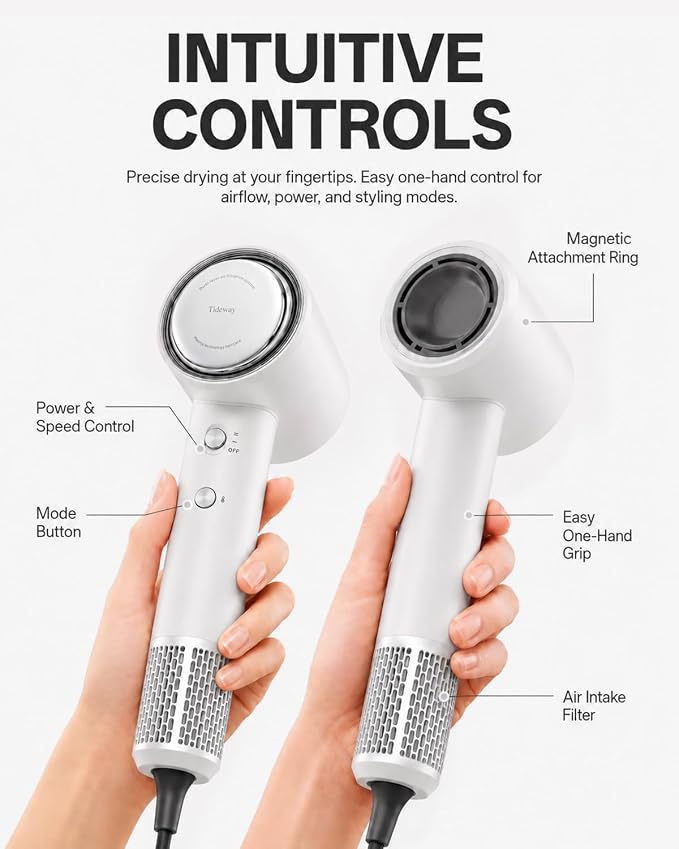 Tideway Hair Dryer Professional High-Speed Ionic Blow Dryer 110,000 RPM, Compact Hair Dryer with Magnetic Diffuser, Fast Drying with Brushless Motor Low Noise Smart Temperature Control-H11