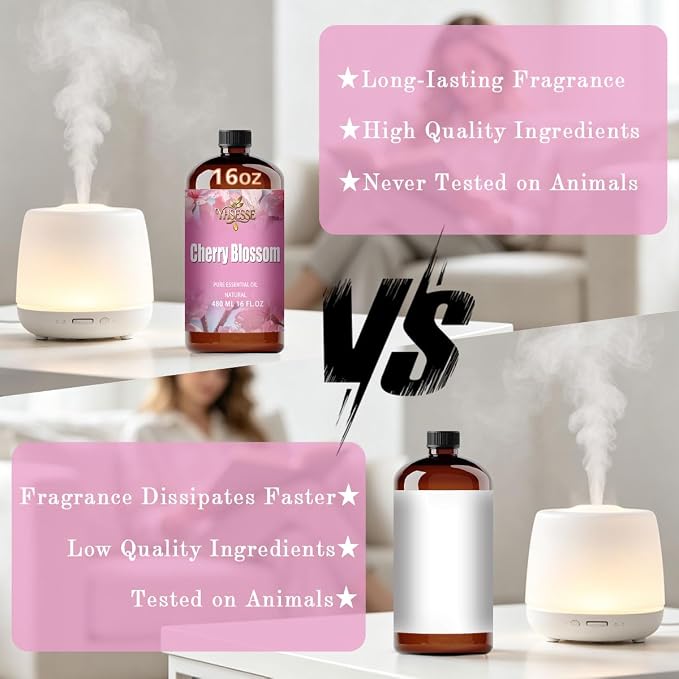 Cherry Blossom Essential Oil, Cherry Blossom Oil 16 Fl Oz 480ml for Diffuser Yoga Soap & Candle Making – with 0.33 Oz Roller Ball & Funnel YHSESSE Essential Oils