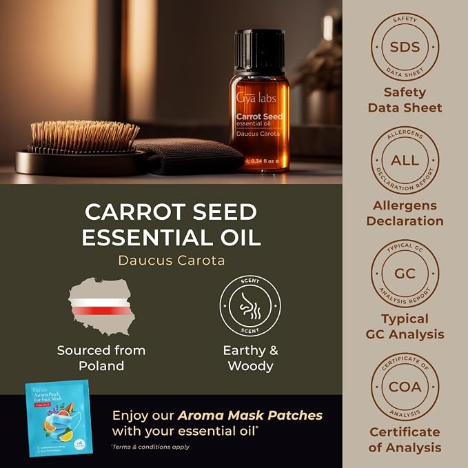 100% Pure Carrot Seed Essential Oil - 0.34 Fl Oz - Carrot Seed Oil for Hair, Skin, Diffuser, Aromatherapy & DIY Candle Making Scent
