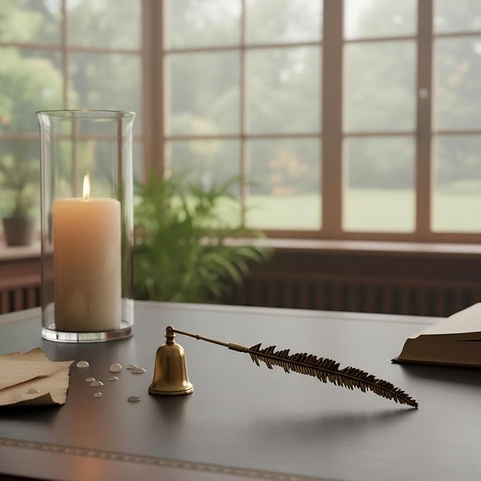 AIM & GGKK Vintage Bronze Feather Candle Snuffer Extinguisher - Long Handle with Bell-Shaped Cap, Decorative Candle Accessory for Smoke-Free Extinguishing