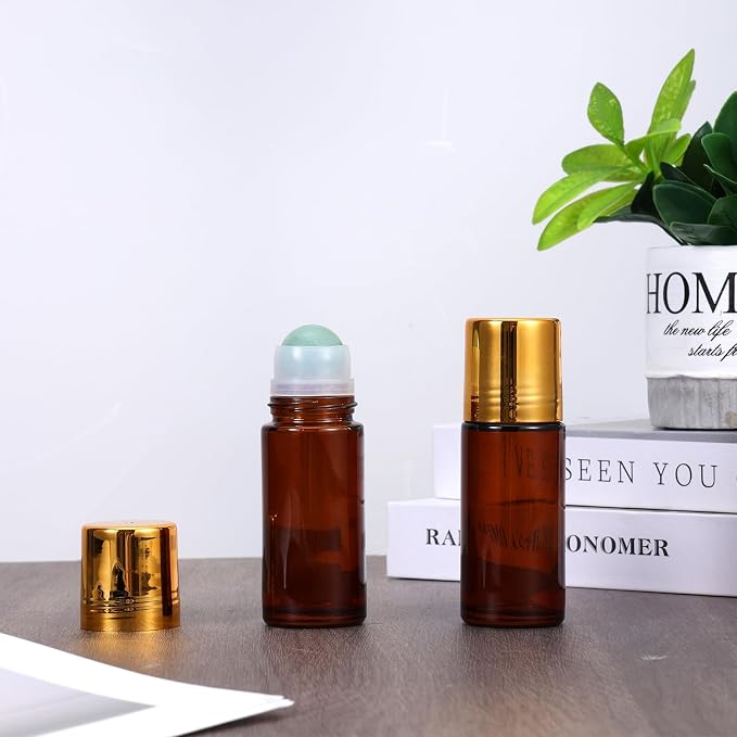 2 Pack 1.7oz Large Amber Glass Roll on Bottles for Essential Oils, Refillable Roller Ball Applicator with Green Crystal Rollerball, Perfume Deodorant Containers, Leak-Proof for Aromatherapy & Skincare