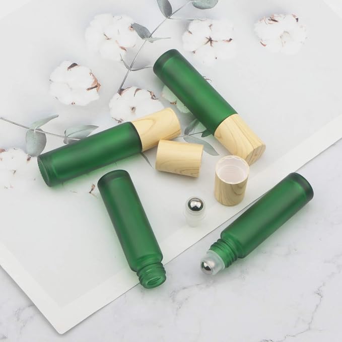 Kesell 10Pcs 10ml Colorful Frosted Glass Roller Bottles with Metal Roller Ball and Wood Grain Plastic Cap for Essential Oil Aromatherapy Perfume Cosmetic
