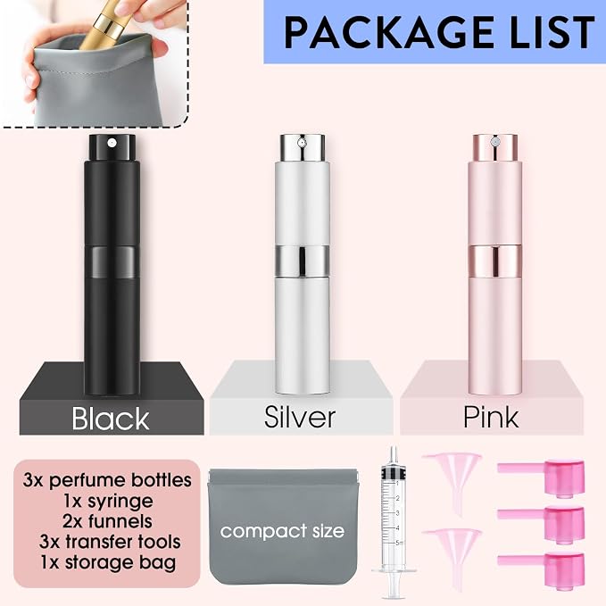 3 Pack 8ML Empty Atomizer Sprayer for Perfume Cologne Spray Bottle for Refill Portable Cologne Dispenser Mini Sprayer for Men Twist Tpye